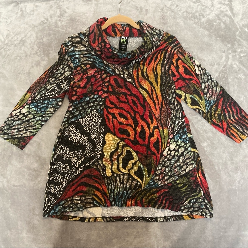 Pure Essence Colorful Abstract Cowl Neck Tunic Knit Sweater Top Urbanology